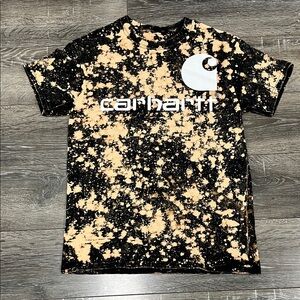 Women’s Carhartt Black Tee with Tan Bleach Splatter & White Logo size small